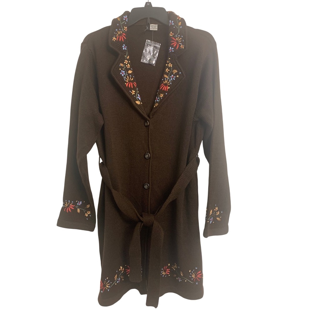 Jason Maxwell Brown Floral Embroidered Belted Longline Cardigan Sweater XL NWOT